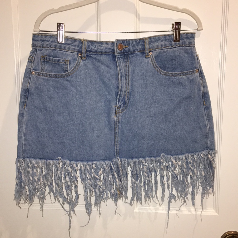 fringe denim skirt